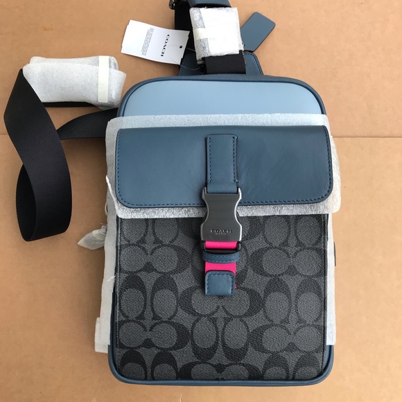 ❤️ Coach Track Pack In Colorblock Signature Canvas Blue Gunmetal 💙 - Picture 6 of 7